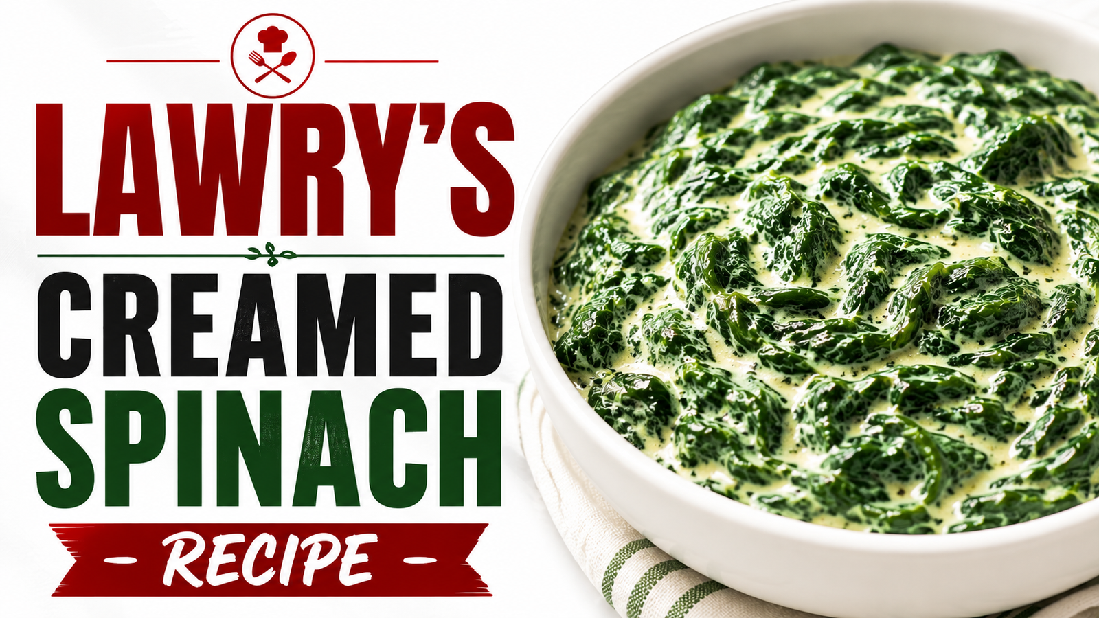 Bowl of creamed spinach with visible bacon and onion, styled for a steakhouse table